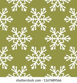 Snowflakes. Seamless pattern. Olive green winter ornament. Background for textile and wallpapers