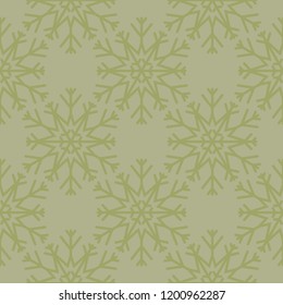 Snowflakes. Seamless pattern. Olive green winter ornament. Background for textile and wallpapers