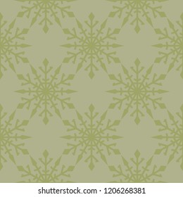 Snowflakes. Seamless pattern. Olive green winter ornament. Background for textile and wallpapers