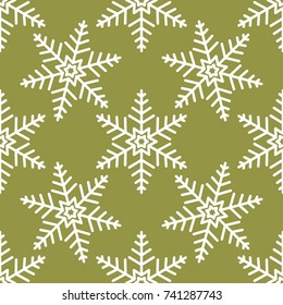 Snowflakes seamless pattern. Olive green background with christmas elements. Vector illustration