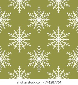 Snowflakes seamless pattern. Olive green background with christmas elements. Vector illustration