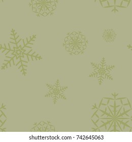 Snowflakes seamless pattern. Olive green background with christmas elements. Vector illustration