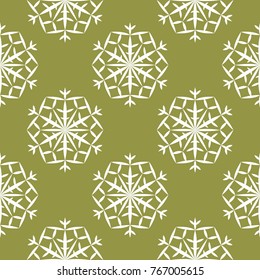 Snowflakes seamless pattern. Olive green background with christmas elements. Vector illustration