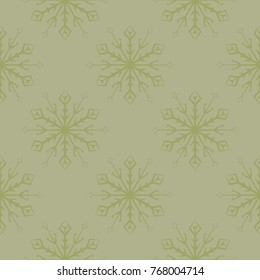 Snowflakes seamless pattern. Olive green background with christmas elements. Vector illustration