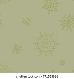 Snowflakes seamless pattern. Olive green background with christmas elements. Vector illustration