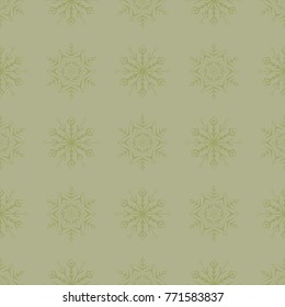 Snowflakes seamless pattern. Olive green background with christmas elements. Vector illustration