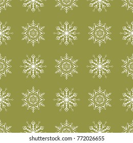 Snowflakes seamless pattern. Olive green background with christmas elements. Vector illustration
