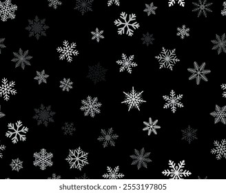 Patrón sin fisuras de copos de nieve sobre fondo negro