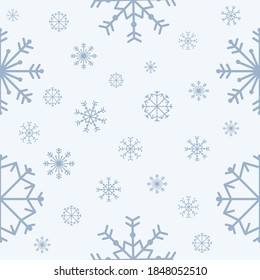 El patrón de copos de nieve es impecable en fondo azul. Elementos de invierno navideño para tarjetas de vacaciones, impresiones, eventos, papel de envoltura y textiles. Ilustración vectorial. 