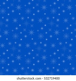 Snowflakes seamless pattern on blue. Winter night festive background. Vector vintage wallpaper.