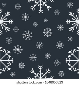 Snowflakes seamless pattern on dark background. Christmas winter symbols for holidays card, print, events, wrapping paper and textile. Vector illustration. 