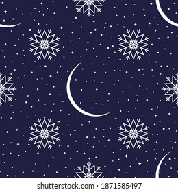 Snowflakes seamless pattern on a dark blue background. Cute background for Christmas and New Year with moon crescents, stars and snowflakes. Night sky in winter. Cartoon style.