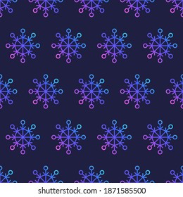 Snowflakes seamless pattern on a dark blue background. Cute background for Christmas and New Year with colorful snowflakes. Cartoon style. Vibrant color gradient.