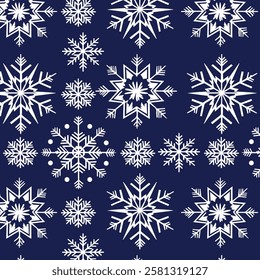 Snowflakes seamless pattern on dark blue background. Vector illustration.