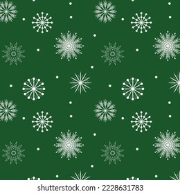 Los copos de nieve se hacen sin fisuras en un fondo verde. Fondo de Navidad, patrón. Diseño de vectores, empaque.