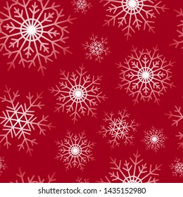Snowflakes seamless pattern on red background. Flat snow icons, silhouette. Nice fabric, textile, wrapping paper, card, invitation, wallpaper, web design