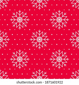 Snowflakes seamless pattern on a red background. Cute background for Christmas and New Year with white snowflakes, dots and twinkles on a bright red background. Cartoon style.