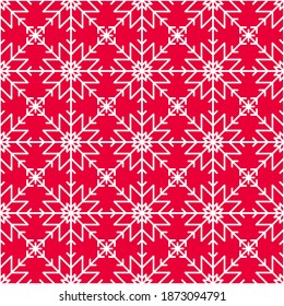 Los copos de nieve hacen un patrón impecable en un fondo rojo. Trato de fondo para Navidad y Año Nuevo con adornos de copos de nieve blancos. Estilo de caricatura. Ilustración vectorial.