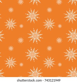 Snowflakes seamless pattern. Orange background with christmas elements. Vector illustration