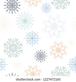 Snowflakes seamless pattern, ornamental decorative snowflakes. Soft vintage, boho colours. 
