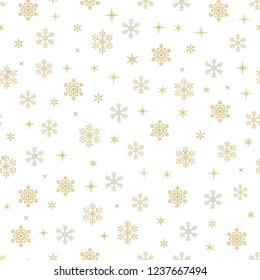 Snowflakes seamless pattern. Pale golden snow flakes background for winter holidays design and decoration. White Christmas vector illustration.