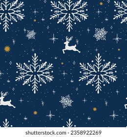 Snowflakes seamless pattern. Repeat Christmas ornament with snowflakes with floral motives. Winter repeated print.