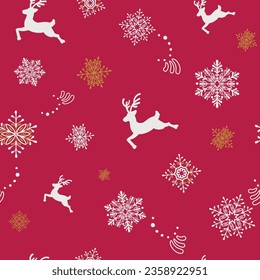 Snowflakes seamless pattern. Repeat Christmas ornament with snowflakes with floral motives, deer.