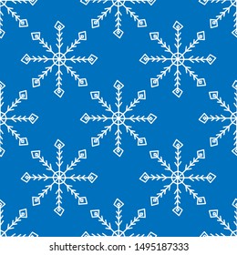 Snowflakes seamless pattern in scandinavian modern style. White and blue colors. Ornament for fabric, wallpaper, packaging, cards, wrapping paper. Vector EPS 10.