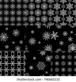 Snowflakes seamless pattern set. Black and white monochrome backgrounds with christmas elements. Vector illustration