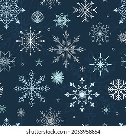 Snowflakes seamless pattern. Set of white snowflakes on a blue background. Winter design. Vector illustration