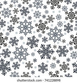 Snowflakes seamless pattern. Snow falls background. Symbol winter, Merry Christmas holiday, Happy New Year celebration Vector illustration