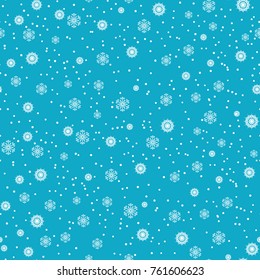 Snowflakes seamless pattern. Snow falls background. Vector illustration. Seamless pattern on a blue background