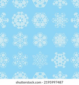 El patrón de los copos de nieve es fluido. Fondo de textura de copos de nieve, patrón de invierno de nevada, ilustración vectorial de caída de nieve, marco de copos de nieve para diseño navideño
