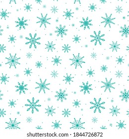 Copos de nieve. Patrón sin foco. Nieve, nevada, caída de copos de nieve blancos dispersos. Diseño de fondo para tela, papel de pared, cubierta, papel para embalaje. Vector