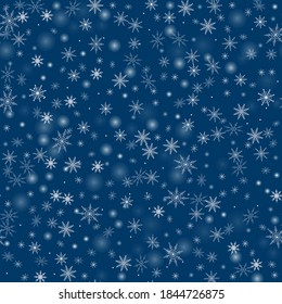 Snowflakes. Seamless pattern. Snow, snowfall, falling scattered white snowflakes. Background design for fabric, wallpaper, cover, paper for packaging. Vector
