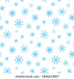 Schneeflocken. Nahtloses Muster. Schnee, Schneefall, verstreute weiße Schneeflocken fallen. Hintergrunddesign für Gewebe, Tapeten, Deckel, Verpackungspapier. Vektorgrafik