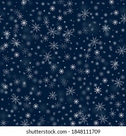 Copos de nieve. Patrón sin foco. Nieve, nevada, caída de copos de nieve blancos dispersos. Diseño de fondo para tela, papel de pared, cubierta, papel para embalaje. Vector