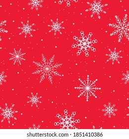 Schneeflocken. Nahtloses Muster. Schnee, Schneefall, verstreute weiße Schneeflocken fallen. Hintergrunddesign für Gewebe, Tapeten, Deckel, Verpackungspapier. Vektorgrafik