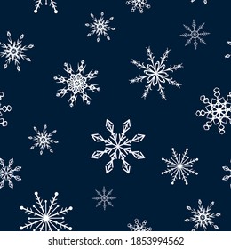 Schneeflocken. Nahtloses Muster. Schnee, Schneefall, verstreute weiße Schneeflocken fallen. Hintergrunddesign für Gewebe, Tapeten, Deckel, Verpackungspapier. Vektorgrafik