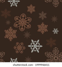 Snowflakes seamless pattern. Snow winter Christmas holidays on brown color background texture. Vector Illustration.