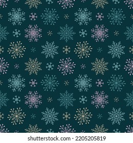 Snowflakes seamless pattern of a variety of snowflakes on a dark background.
