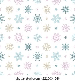 Snowflakes seamless pattern of a variety of snowflakes on a white background.