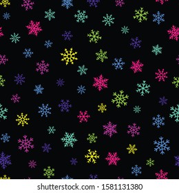 Snowflakes seamless pattern. Vector background with bright neon snowflakes on black backdrop. Funky colorful texture. Winter holidays theme. Cute repeat design for kids, for decor, print, wrapping