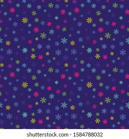 Snowflakes seamless pattern. Vector background with bright neon colorful snowflakes on purple backdrop. Funky texture. Winter holidays theme. Cute repeat design for decor, wallpaper, print, wrapping