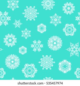 Snowflakes seamless pattern with watercolor effect. Vector seamless background. Textile print for bed linen, jacket, package design, fabric and fashion concepts. Abstract seamless snowflakes design.