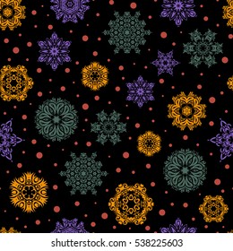 Snowflakes seamless pattern with watercolor effect. Textile print for bed linen, jacket, package design, fabric and fashion concepts. Abstract seamless snowflakes design. Vector seamless background.