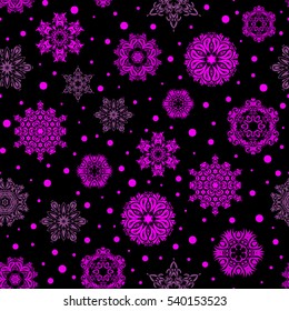 Snowflakes seamless pattern with watercolor effect. Textile print for bed linen, jacket, package design, fabric and fashion concepts. Abstract seamless snowflakes design. Vector seamless background.