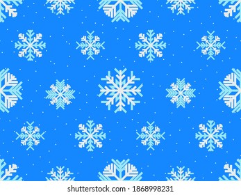 Snowflakes seamless pattern, white and blue. Merry Christmas and Happy New Year background with falling snow. Flat style. Vector illustration