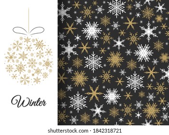 El patrón de los copos de nieve es fluido. Nieve blanca y dorada sobre fondo oscuro. Feliz Navidad y feliz Año Nuevo. Diseño para postales, papel envolvente, tarjeta de saludo, afiche, textil. Ilustración del vector