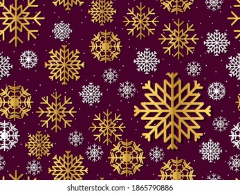 Snowflakes seamless pattern, white and gold snowflakes with shadow. Christmas and New Year background with falling snow. Vector illustration